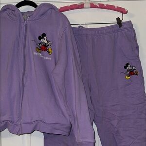 Purple Embroidered Mickey Mouse Sweatpants and Zipper Hoodie Set
